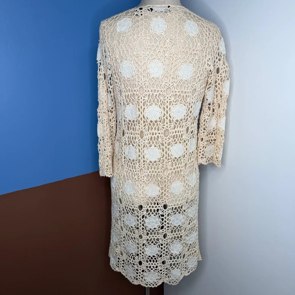 Vintage Cream Crochet Cardigan with White Flower Accents Open Knit Boho Festival